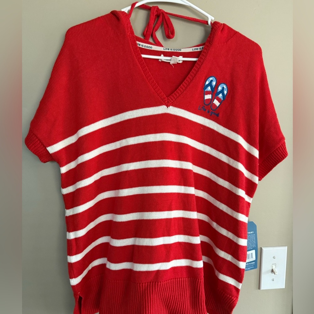 NWT life is good red and white beach theme hoodie summer Top  Size L